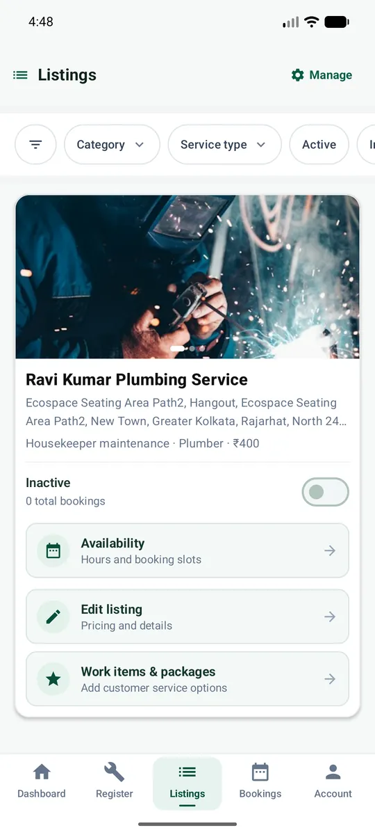 Listings tab: your listing, with the KYC reminder