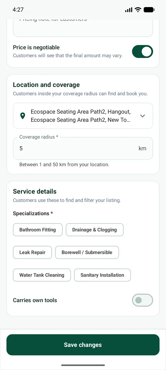 Coverage radius and service details