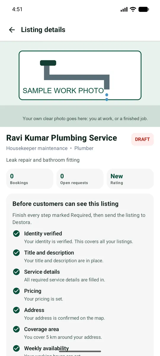 Listing details: status DRAFT