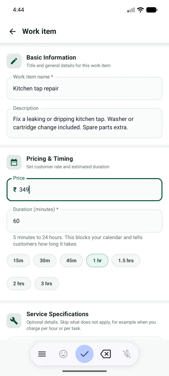 Name, description, price, duration