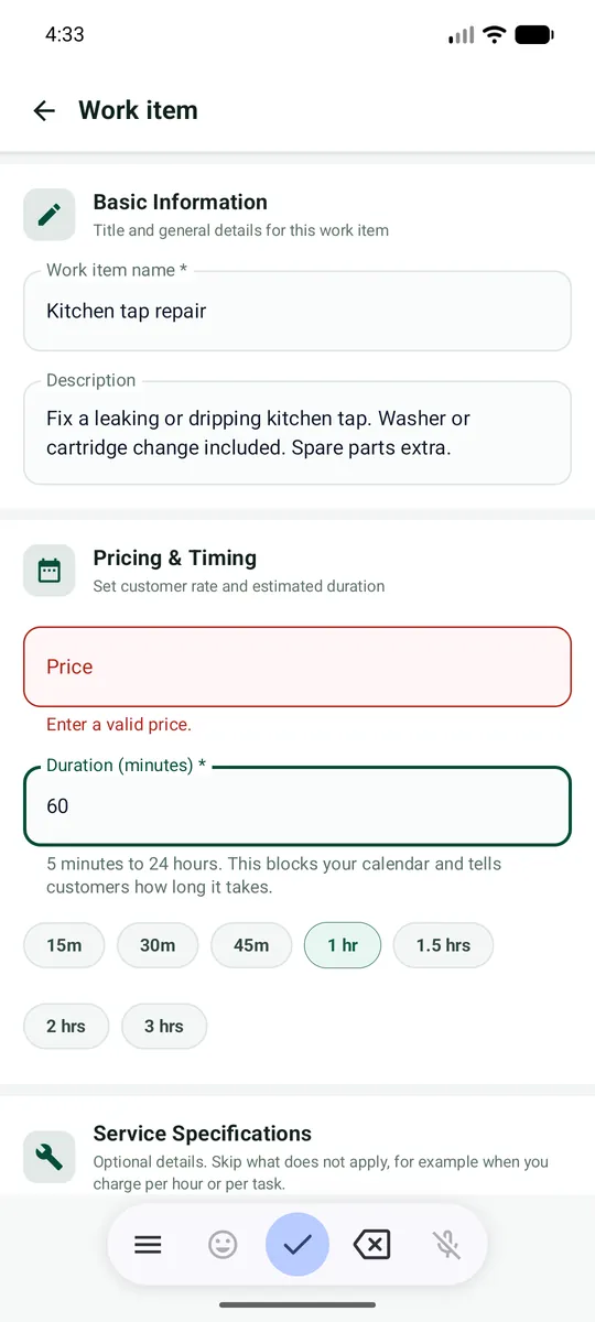Red field: Enter a valid price